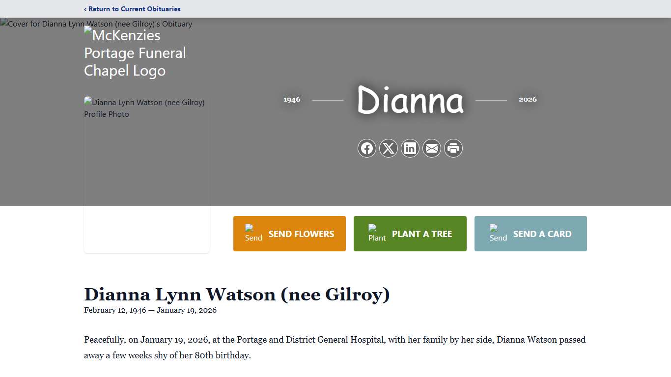 Dianna Lynn Watson (nee Gilroy) Obituary January 19, 2026 - McKenzies Portage Funeral Chapel